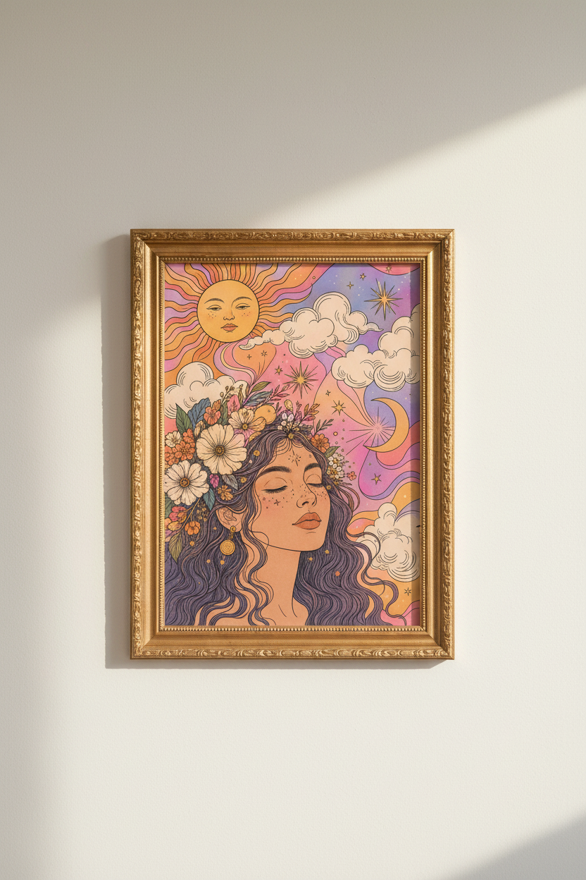 boho celestial print | Sun Moon Floral, Bedroom Decor