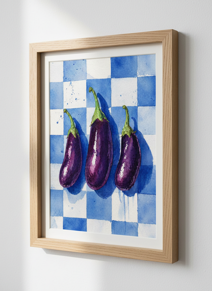 Eggplant Watercolor Print | Purple Kitchen Wall Art, Blue Checkered Poster