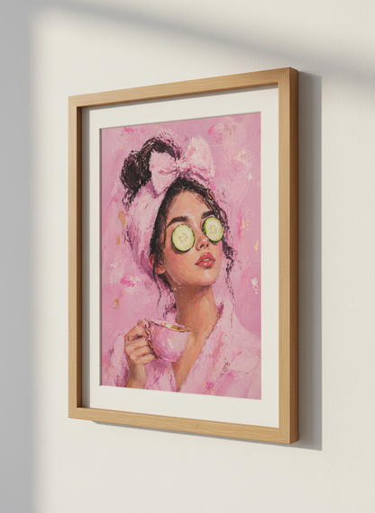 Pink Spa Girl Painting | Whimsical Coquette Portrait, Bathroom &amp; Vanity Decor