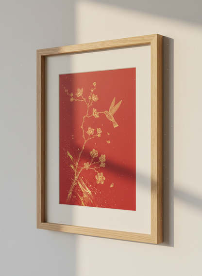 Gold Hummingbird &amp; Cherry Blossom Art | Red Floral Wall Decor | Chinoiserie Poster