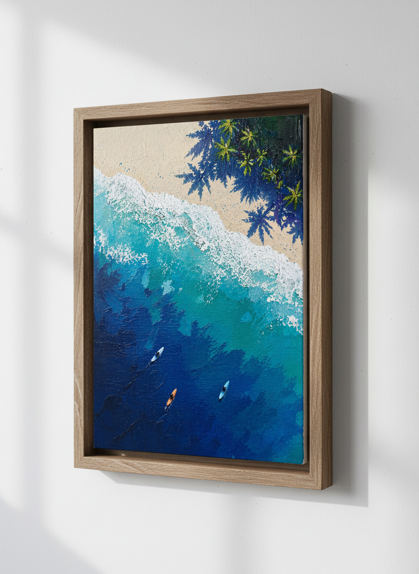 Surfers Aerial Beach Wall Art Print | Coastal Living Room Decor | Tropical Poster