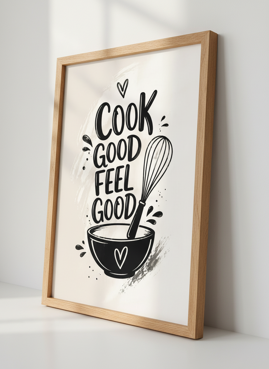 Kitchen Quote Art | "Cook Good Feel Good" Whisk Bowl Print, Bakery Decor