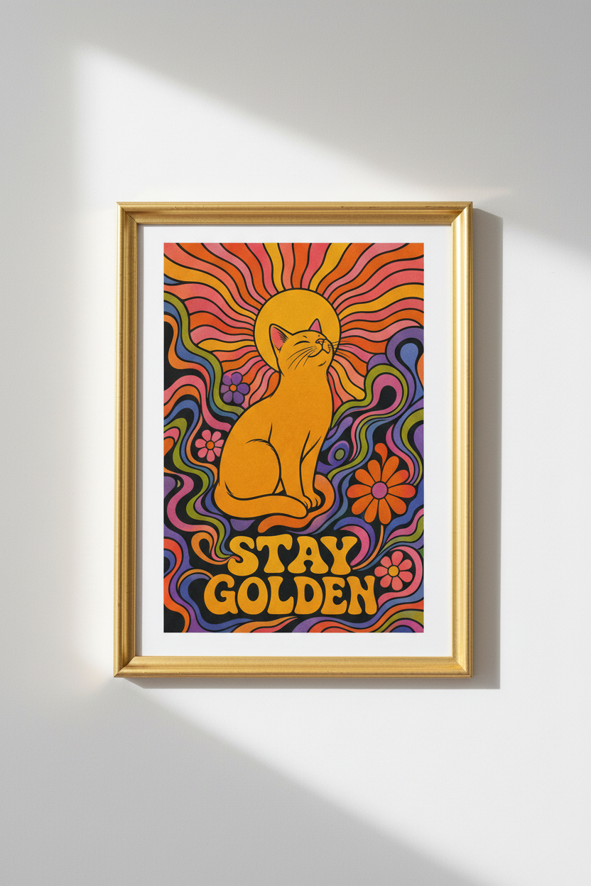 Retro Cat Poster | Psychedelic Sunburst Colors, Living Room Decor