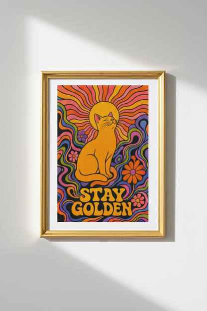 Retro Cat Poster | Psychedelic Sunburst Colors, Living Room Decor
