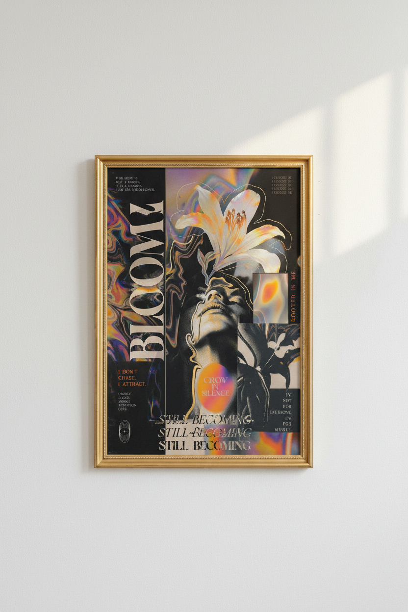 floral collage print | modern boho black gold livingroom decor