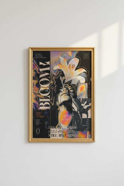floral collage print | modern boho black gold livingroom decor