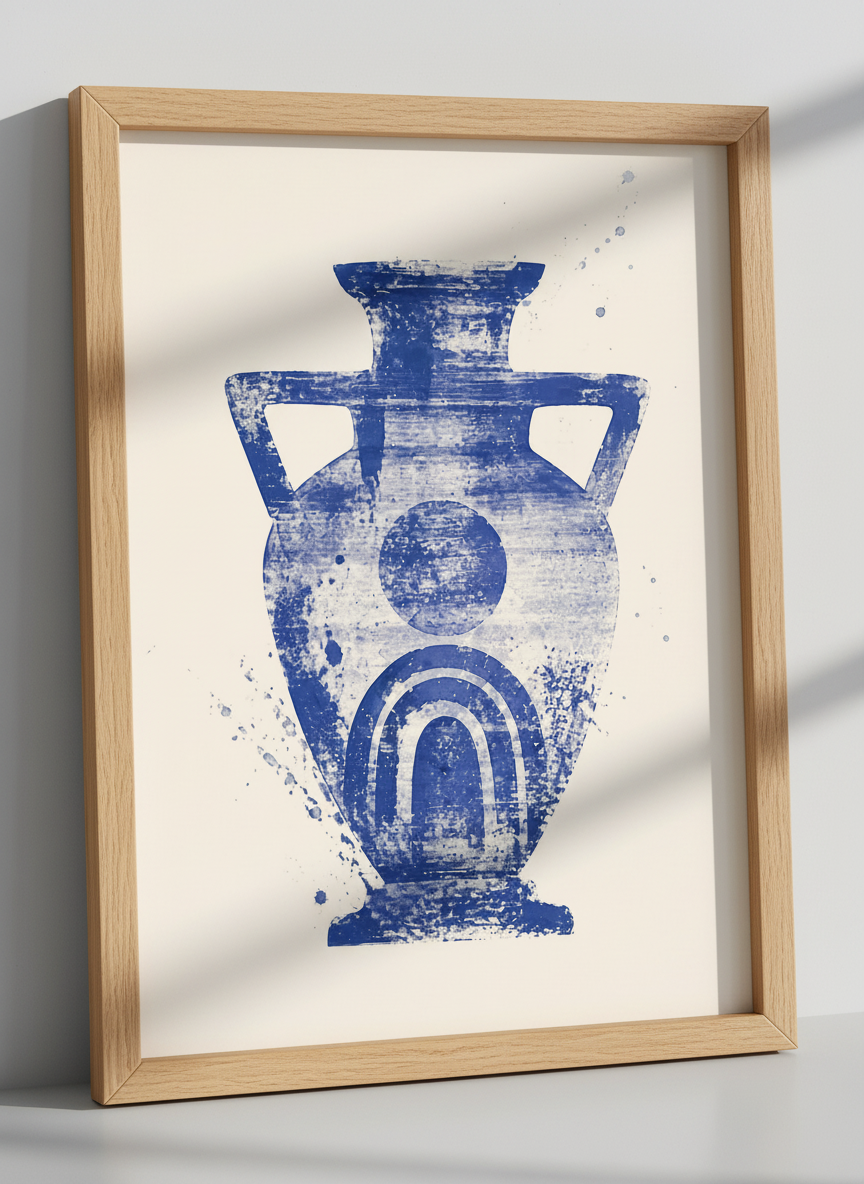 Greek Vase Wall Art | Cobalt Blue Mediterranean Print, Minimalist Decor