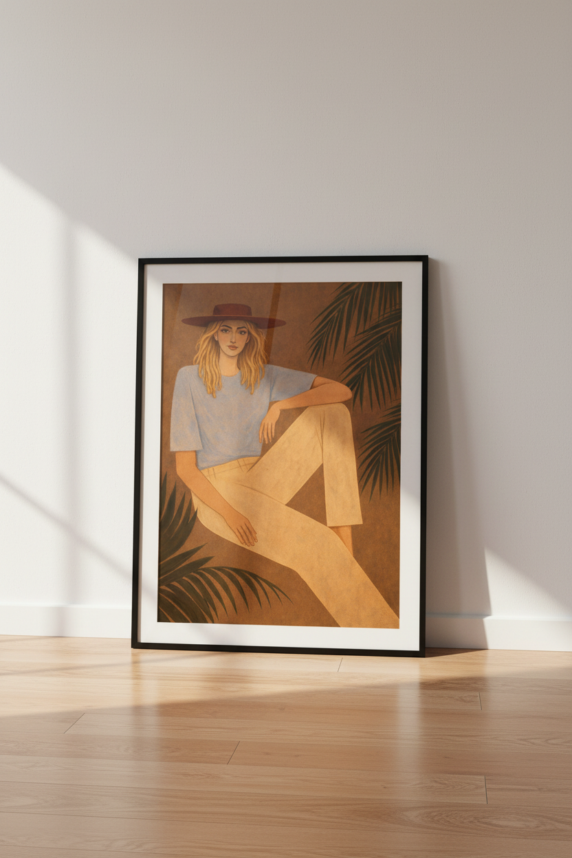 Boho Woman Portrait Wall Art Print | Mid-Century Modern Living Room Decor | Minimalist Framed Art Poster