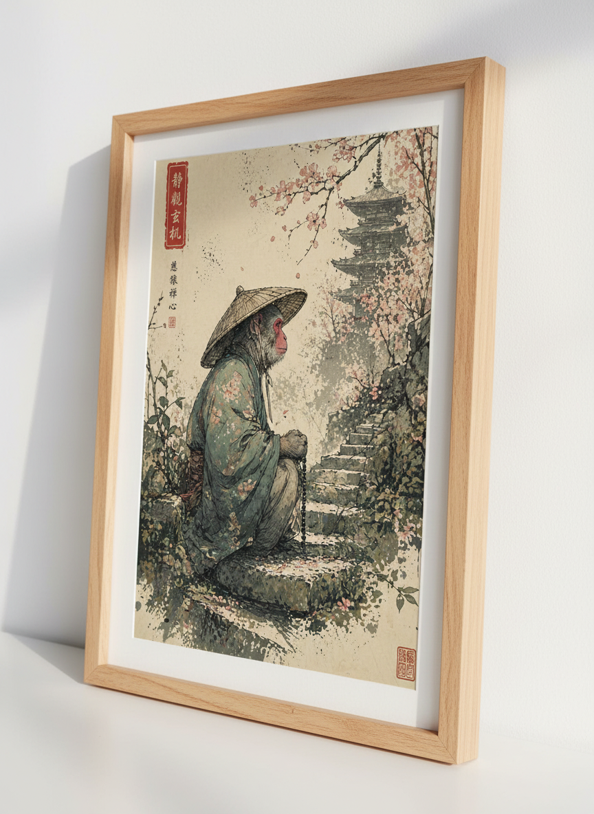Japanese Monkey Monk Wall Art | Zen Pagoda &amp; Cherry Blossom, Japandi Decor