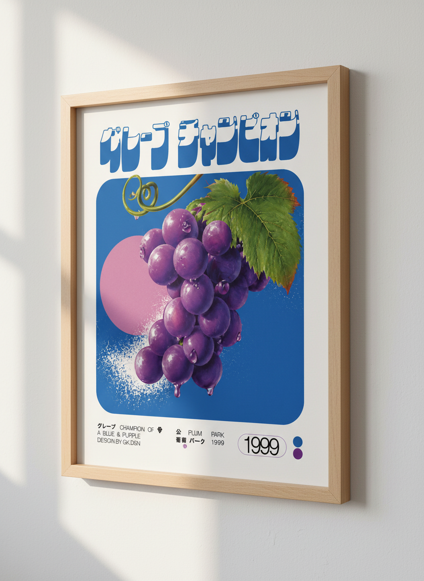 Retro Japanese Grape Poster | Fruit Kitchen Art, Blue Purple Aesthetic Room Decor