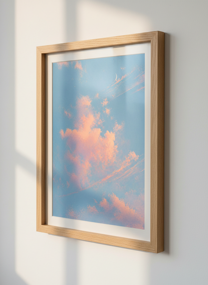 Pastel Sunset Clouds Print | Aesthetic Blue Sky &amp; Moon Wall Art, Cozy Bedroom Decor