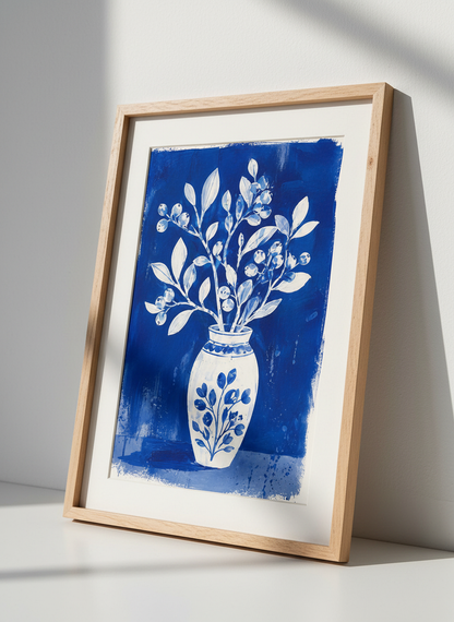 Blue Floral Vase Wall Art | Indigo Botanical Poster, Chinoiserie Decor