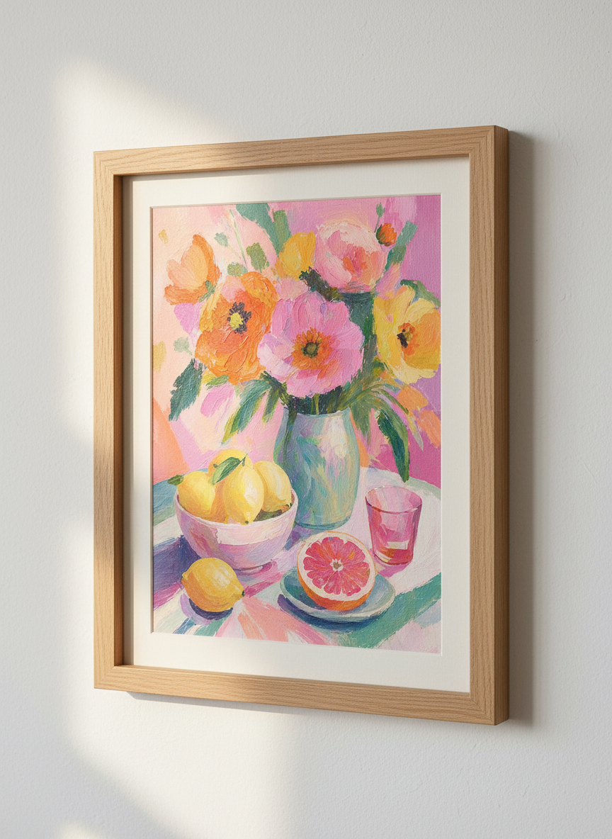 Floral Still Life &amp; Citrus Wall Art | Pink &amp; Orange Impasto Painting, Kitchen Decor Poster