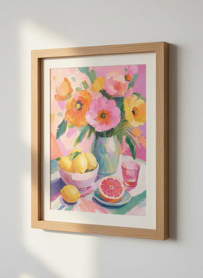 Floral Still Life &amp; Citrus Wall Art | Pink &amp; Orange Impasto Painting, Kitchen Decor Poster
