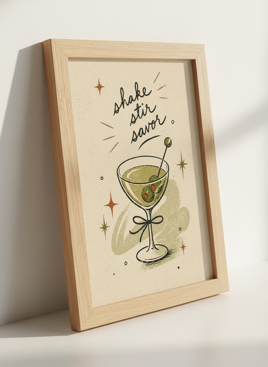 Retro Martini Glass Art | Mid Century Modern Bar Decor, Kitchen Poster