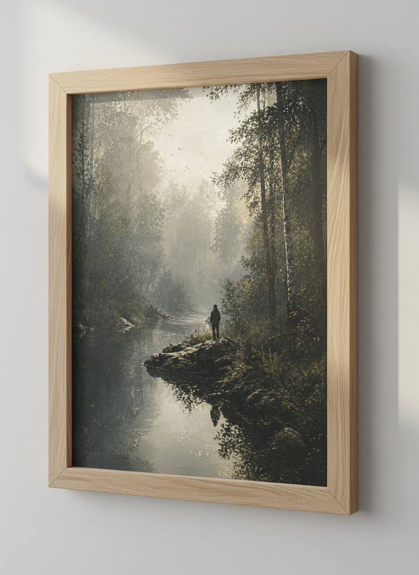 Misty Forest River Wall Art | Moody Landscape Print, Nature Living Room Decor