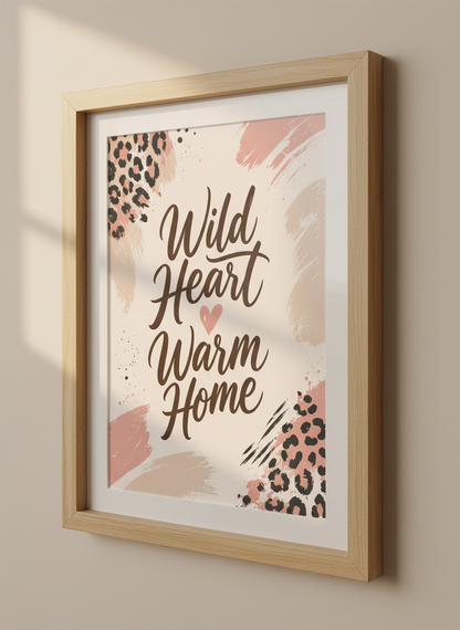 Wild Heart Warm Home Art | Leopard Print Beige Pink Minimalist Wall Decor | Boho Quotes