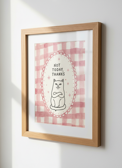 Funny Cat Art | Pink Gingham Not Today Thanks Poster, Cute Coquette Room Decor