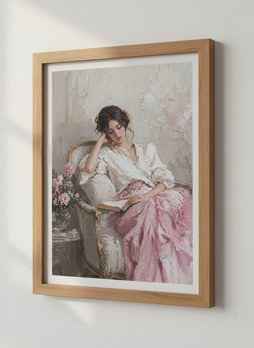 Impressionist Reading Woman Wall Art | Pink Floral Oil Painting, Bedroom Decor Poster