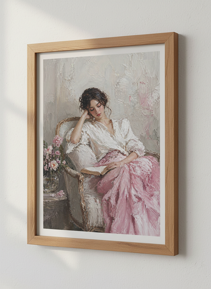 Impressionist Reading Woman Wall Art | Pink Floral Oil Painting, Bedroom Decor Poster