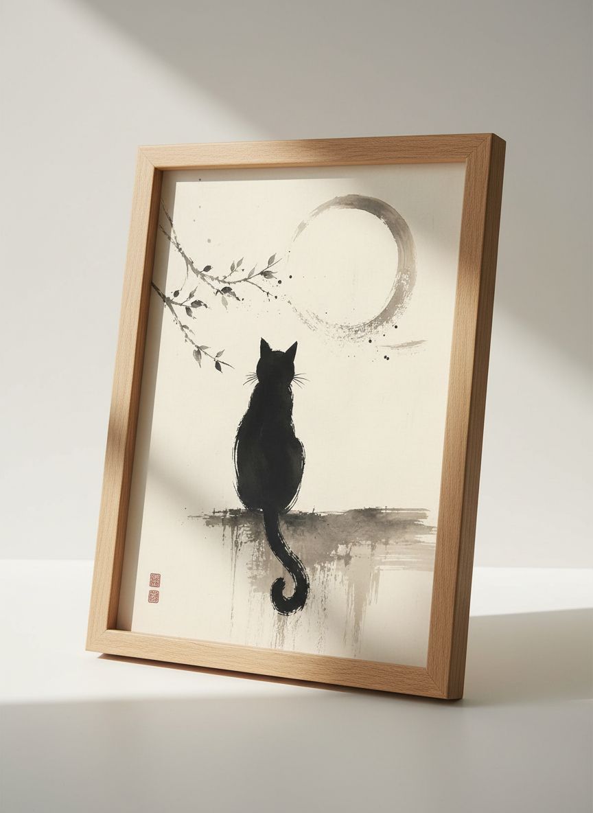 Japanese Black Cat Moon Wall Art | Minimalist Ink Poster | Zen Living Room Decor