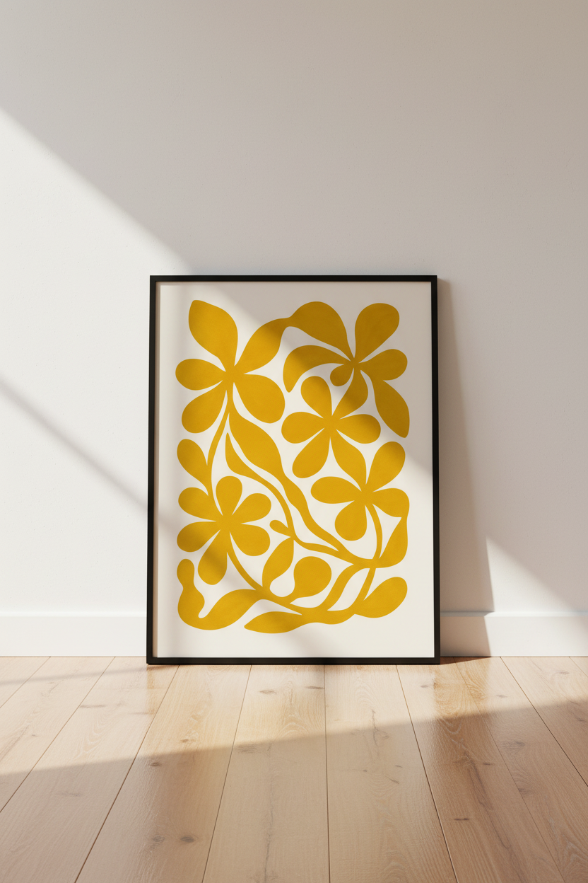 Abstract Floral Wall Art Print | Boho Bedroom Decor | Mid Century Modern Framed Poster | Botanical Gold Flower Art