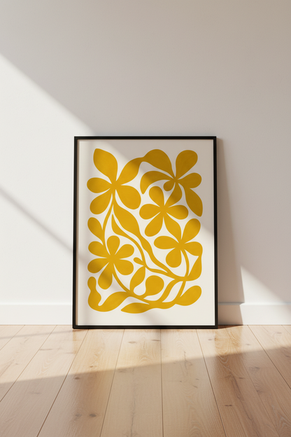 Abstract Floral Wall Art Print | Boho Bedroom Decor | Mid Century Modern Framed Poster | Botanical Gold Flower Art