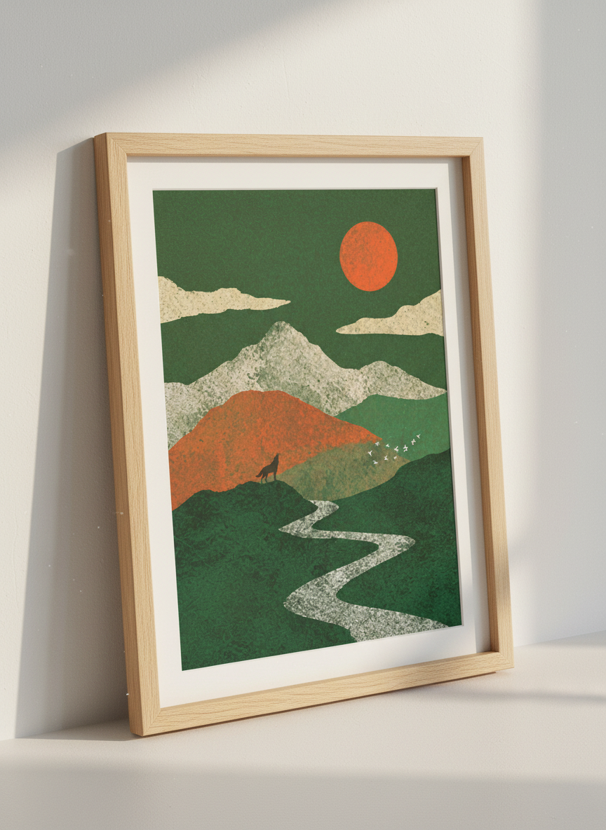 Wolf Howling Art, Textured Landscape Print | Bohemian Forest Decor, Green Mountain Poster