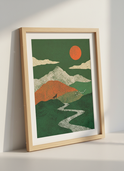 Wolf Howling Art, Textured Landscape Print | Bohemian Forest Decor, Green Mountain Poster