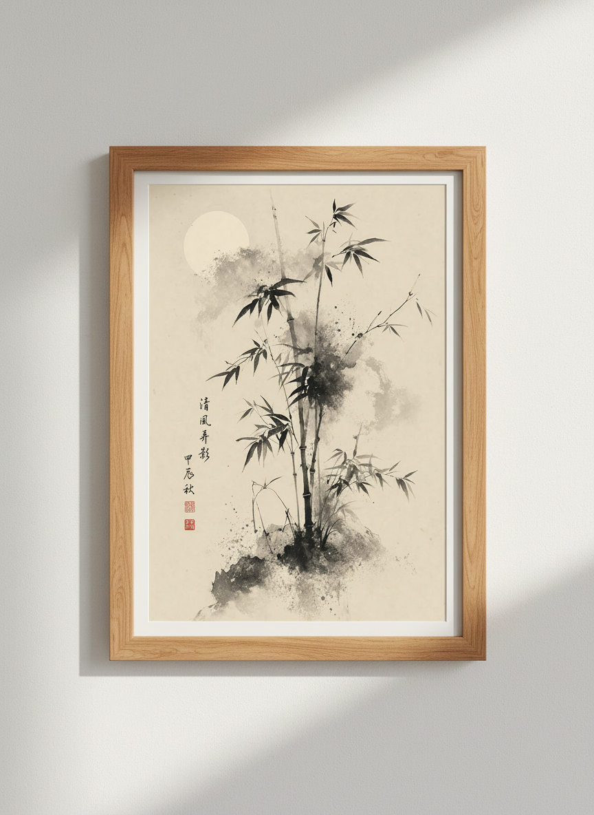 Japanese Bamboo Ink Wash Print | Zen Moon Home Decor | Minimalist Sumi-e Poster