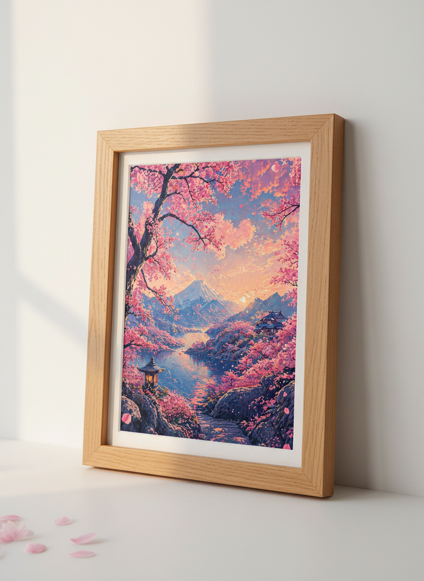 Japanese Cherry Blossom Mount Fuji Wall Art Print | Bedroom Decor | Pastel Zen Poster