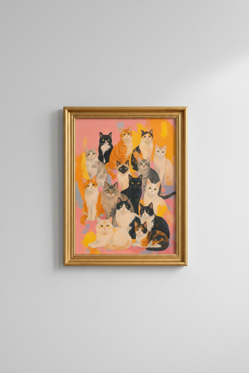 Cat Wall Art Print | Colorful Illustrated Feline, Living Room Decor