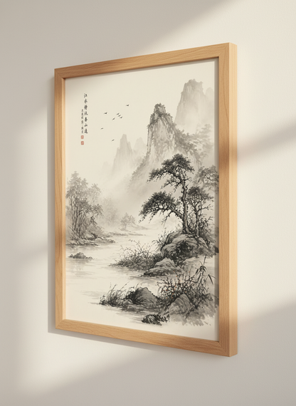 Japanese Landscape Wall Art | Ink Wash Mountain Print | Zen Home Decor Poster
