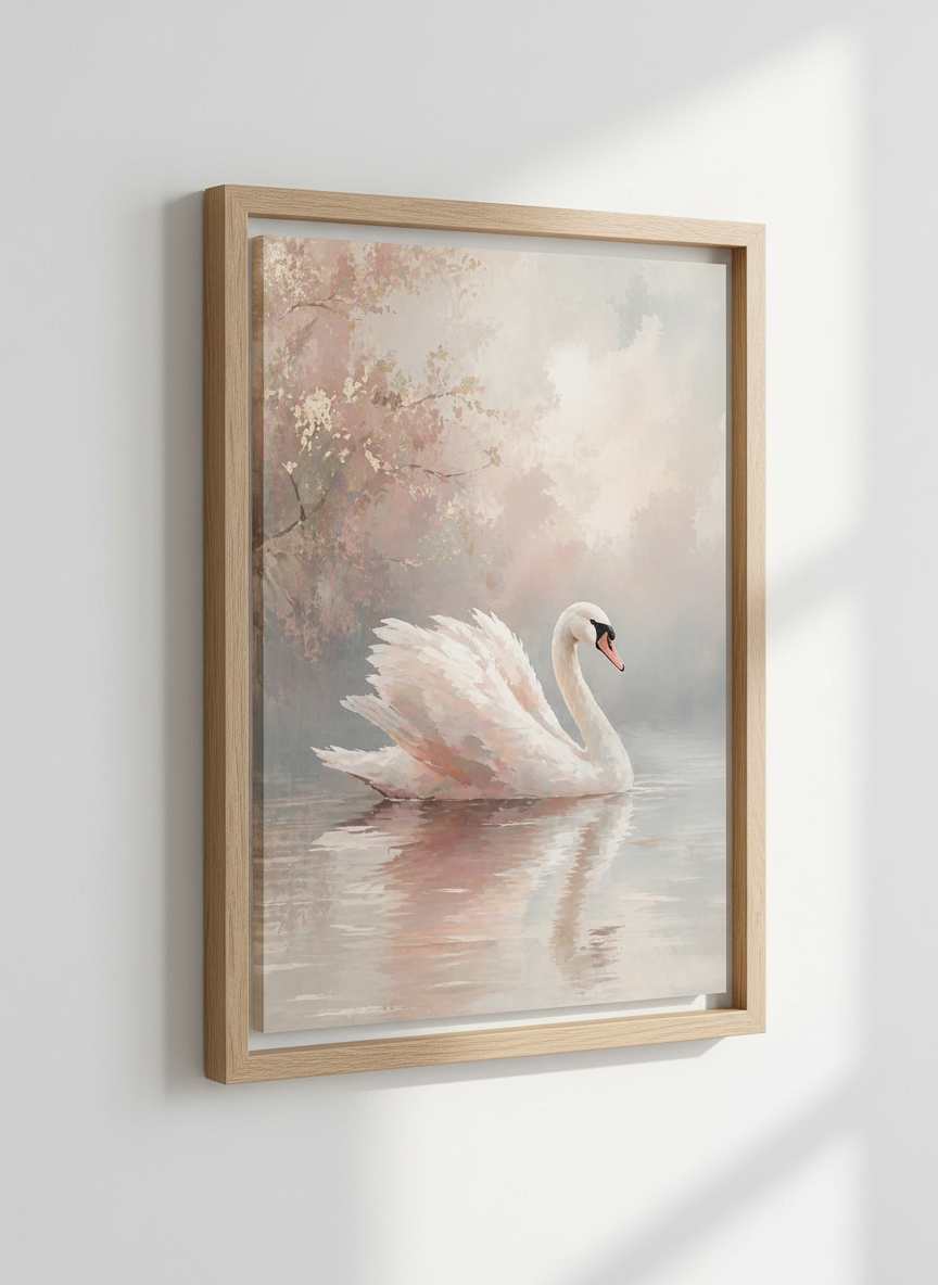 White Swan | Blush Pink &amp; Gold Leaf Painting, Romantic Nursery &amp; Bedroom Wall Art
