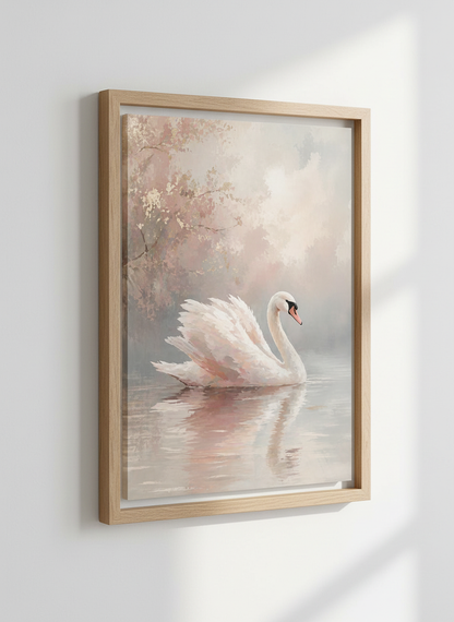 White Swan | Blush Pink &amp; Gold Leaf Painting, Romantic Nursery &amp; Bedroom Wall Art