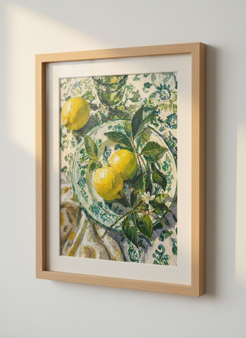 Lemon Still Life Print | Green &amp; Yellow Mediterranean Decor | Impressionist Poster