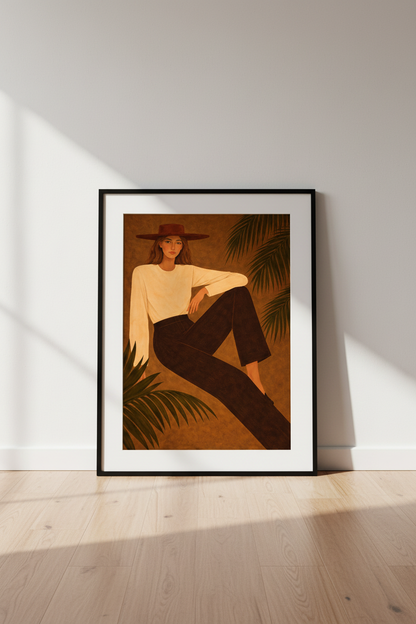 Boho Woman Portrait Framed Art Print | Living Room Decor | Mid-Century Modern Abstract Girl Wall Art | Ready to Hang Poster