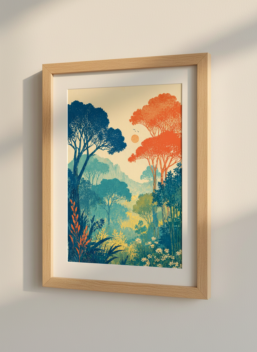 Modern Forest Landscape Art | Teal &amp; Orange Mid Century Poster, Nature Wall Decor