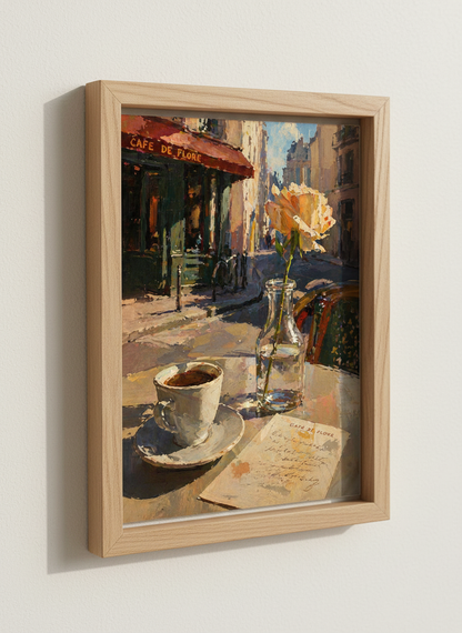 Paris Cafe Scene | Impressionist Coffee &amp; Rose Oil Painting, Kitchen Wall Art