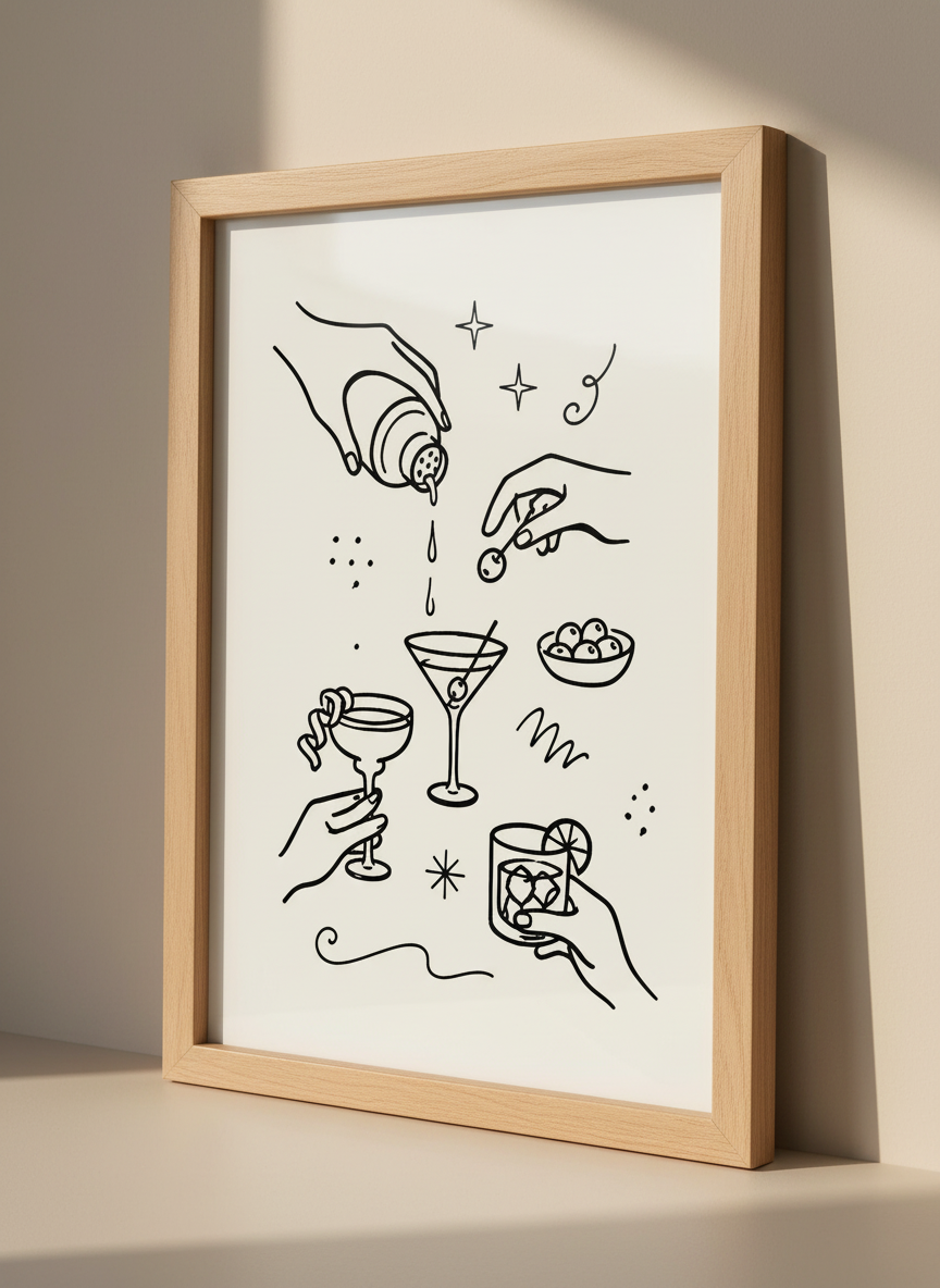Cocktail Line Art Print | Bar Cart Decor | Minimalist Kitchen Wall Art