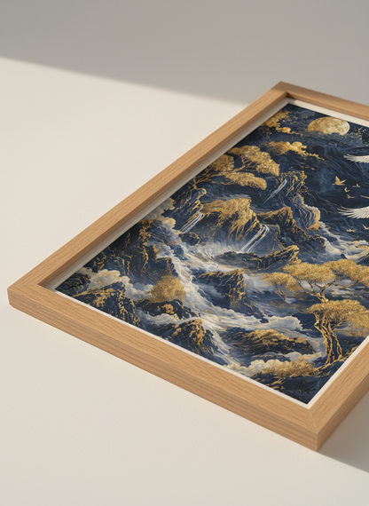 Japanese Crane Wall Art Print | Navy Gold Mountain Decor | Zen Landscape Poster