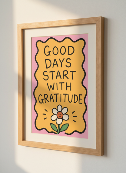 Good Days Gratitude Daisy Art Print | Positive Affirmation Decor, Pink Yellow Wall Art