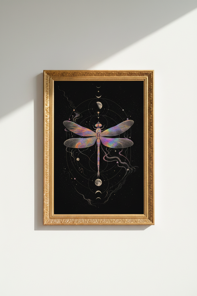 cosmic dragonfly art | iridescent celestial print, bedroom decor
