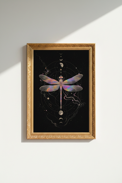 cosmic dragonfly art | iridescent celestial print, bedroom decor