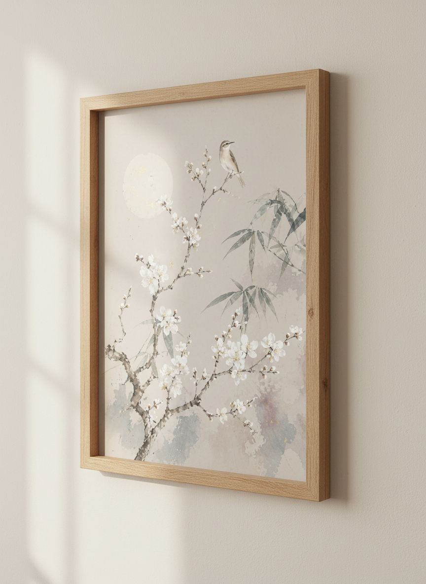 Japanese Bird &amp; Cherry Blossom Wall Art | Neutral Zen Decor | Chinoiserie Poster