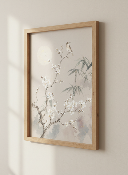 Japanese Bird &amp; Cherry Blossom Wall Art | Neutral Zen Decor | Chinoiserie Poster
