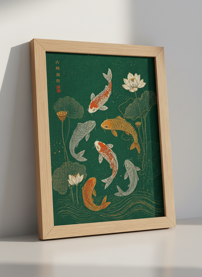 Koi Fish Pond Wall Art | Emerald Green Japanese Style Print, Zen Living Room Decor