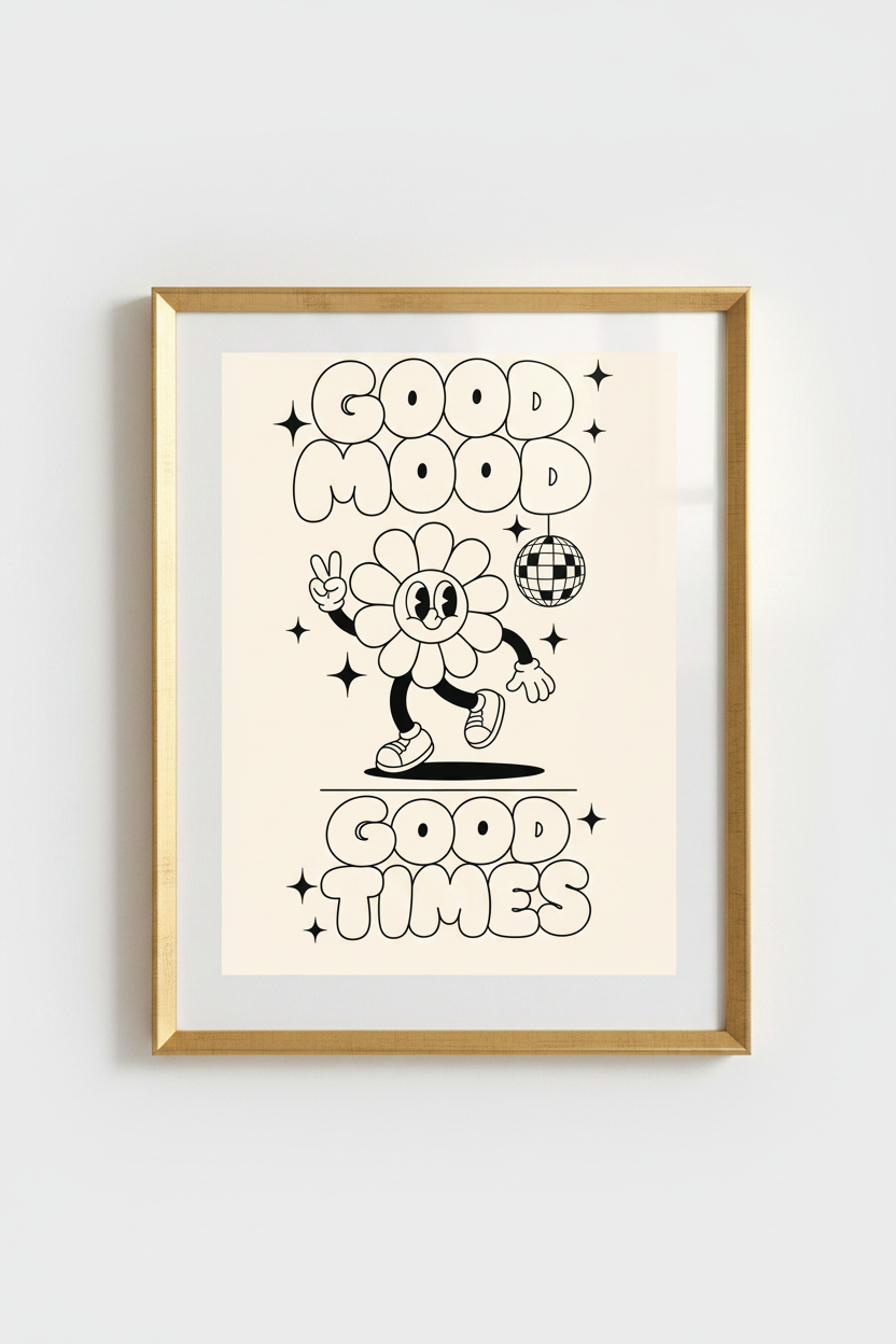 Retro Flower Poster | Line Art Cream, Living Room Decor
