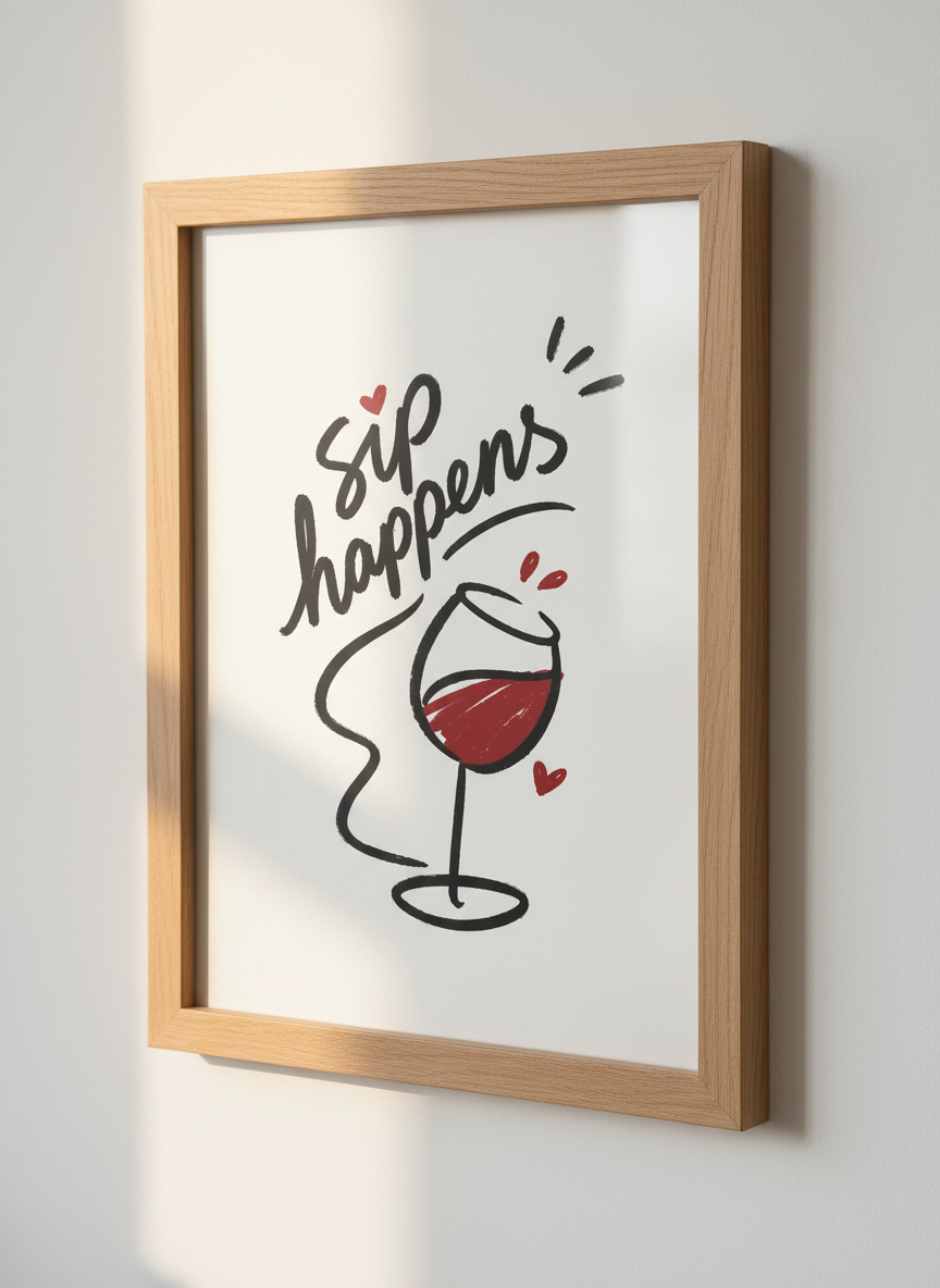 Sip Happens Wine Art Print | Kitchen Bar Decor, Funny Quote | Digital &amp; Physical