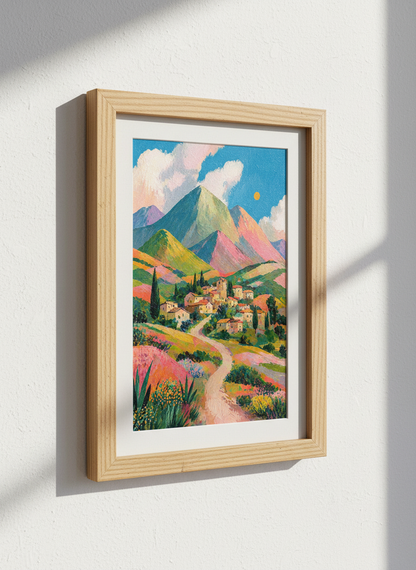 Mountain Village Wall Art Print | Colorful Mediterranean Landscape | Impressionist Poster